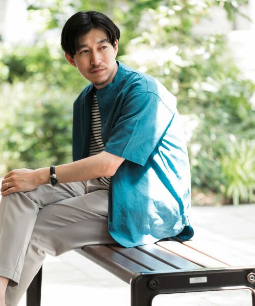 ＊＊URBAN RESEARCH ITEMS / アーバンリサーチ アイテムズ シャツ・ブラウス | リネンレーヨン バンドカラー半袖シャツ（BLU）