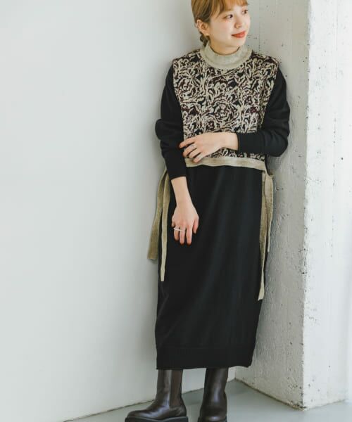 ＊＊URBAN RESEARCH ITEMS / アーバンリサーチ アイテムズ ワンピース | ジャガードベストセットVネックワンピース（BLK）