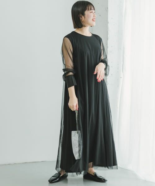 極美品★mouGGan チュール　ロングワンピース　レイヤード　オケージョン バイカラーチュールレイヤーワンピース｜STYLEMIXER（スタイル