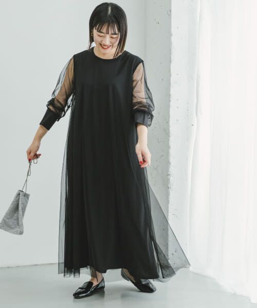 セール】 チュールレイヤードロングスリーブワンピース