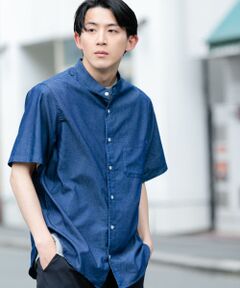 TCインディゴ バンドカラー半袖シャツ