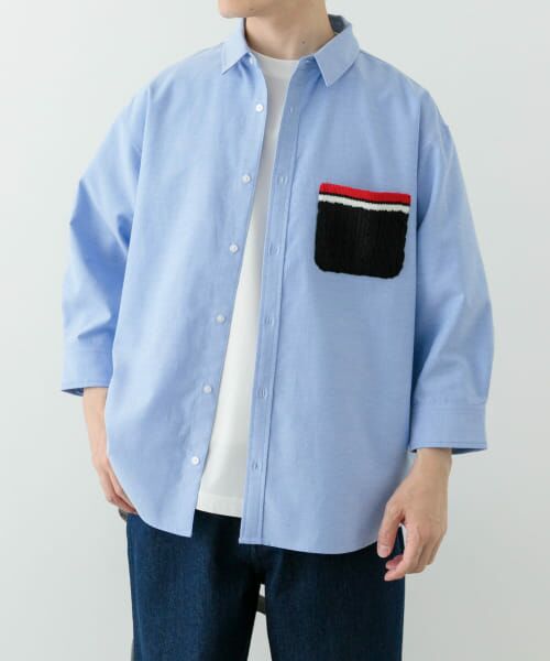 ★土日値下★ ENFOLD WIDE-SLEEVES SHIRT シャツ　ブルー セール】 ニットポケット切替オックス7分袖シャツ （シャツ