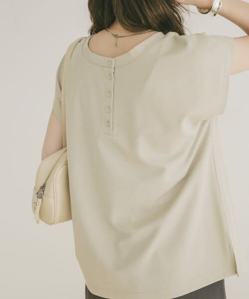 新品URBAN RESEARCH アーバンリサーチ★バックボタン＆リボンブラウスGY★ セールリネンタッチBACKボタンプルオーバー（Tシャツ⁄カットソー