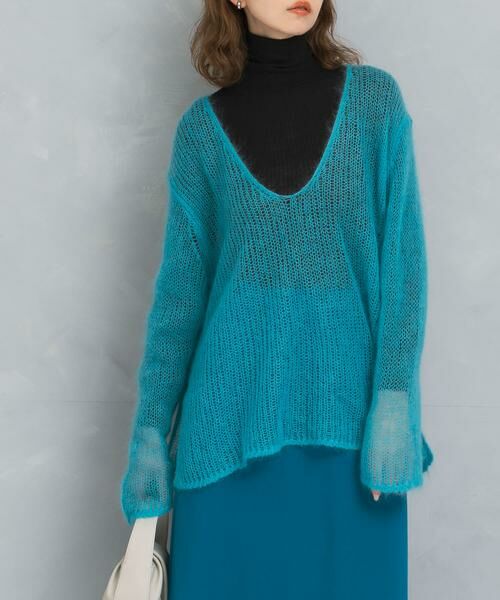 URBAN RESEARCH ROSSO / アーバンリサーチ ロッソ ニット・セーター | シアーモヘアVネックプルオーバー(ブルー)
