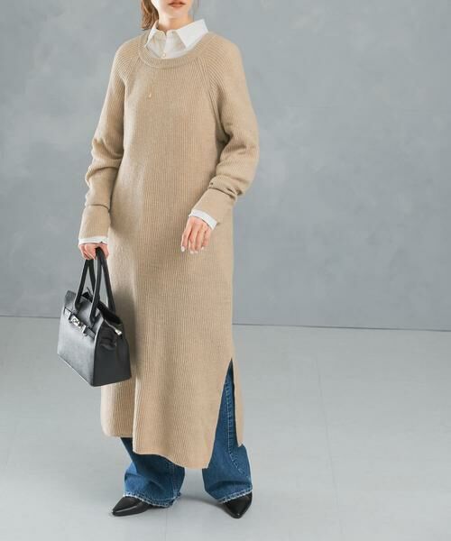 URBAN RESEARCH ROSSO/アーバンリサーチ ロッソ ヤク混サイドスリット畦ニットワンピース ベージュ FREE