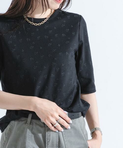 URBAN RESEARCH ROSSO/アーバンリサーチ ロッソ F by ROSSO フラワー刺繍5分袖Tシャツ ブラック FREE