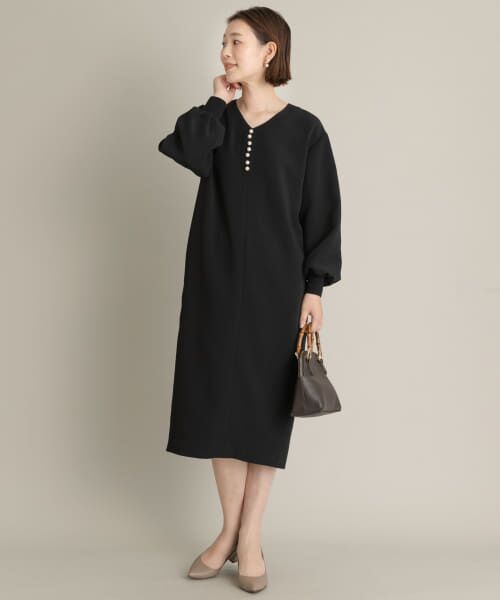 近年モデル✨ルネ パールデザイン ワンピース パフスリーブ ウォッシャブル 黒 パフスリーブウエストシャーリングゴムワンピース｜結婚式