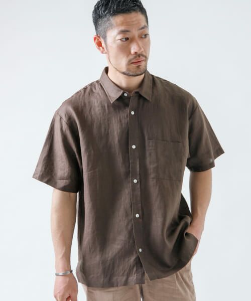＊＊URBAN RESEARCH ROSSO / アーバンリサーチ ロッソ シャツ・ブラウス | 『XLサイズあり』リネンレギュラーカラー半袖シャツ（DARK KHAKI）