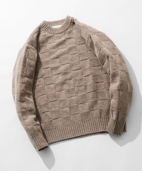 ＊＊URBAN RESEARCH ROSSO / アーバンリサーチ ロッソ ニット・セーター | 『XLサイズあり』ブロックチェッククルーネックニット（GREIGE）