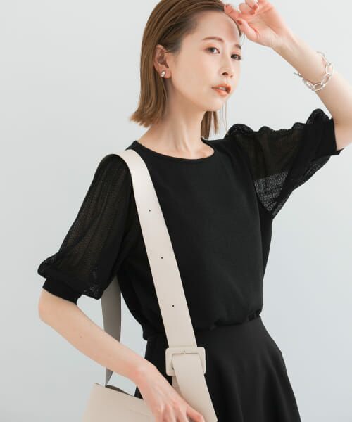 ＊＊URBAN RESEARCH ROSSO / アーバンリサーチ ロッソ ニット・セーター | ドッキングシアープリーツスリーブプルオーバー（BLACK）