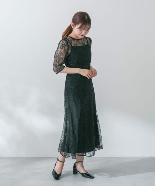 ＊＊URBAN RESEARCH ROSSO / アーバンリサーチ ロッソ ドレス | スパンコールフラワーレースドレス（black）