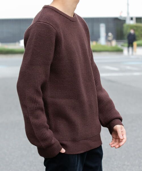 ＊＊URBAN RESEARCH ROSSO / アーバンリサーチ ロッソ ニット・セーター | ウォッシャブルストレッチワッフルクルーネックプルオーバー（BROWN）
