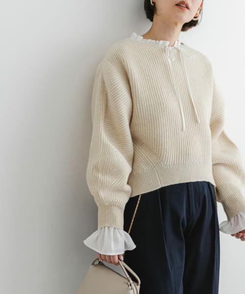 【i19】【URBAN RESEARCH】バーガンディ リブニット 【F】 美品 セール】 F by ROSSO ハミルトンボリュームスリーブ畦ニット