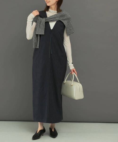 【美品】archivio アルチビオ ストライプ ワンピース Mサイズ レーストップスとミモレ丈肩紐ワンピースのドッキングデザイン
