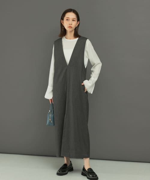 【美品】archivio アルチビオ ストライプ ワンピース Mサイズ レーストップスとミモレ丈肩紐ワンピースのドッキングデザイン