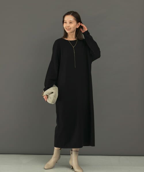 美品 ビアズリー カシミヤ混 袖ニット切替ワンピース グレー F *CD1027 美品 ビアズリー カシミヤ混 袖ニット切替ワンピース グレー F