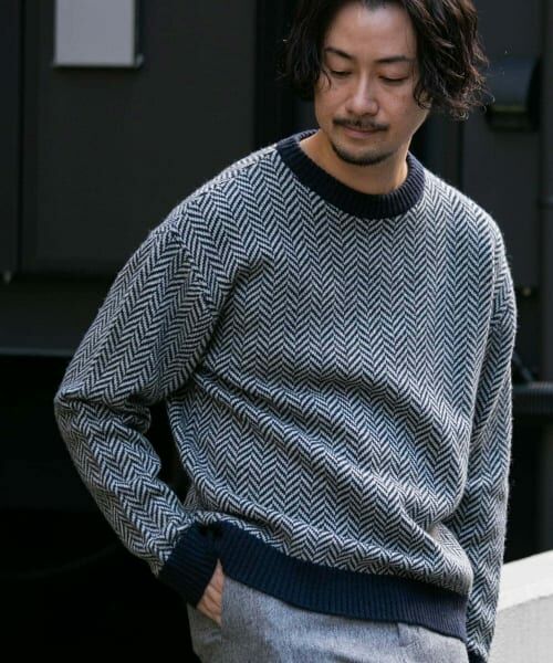 ＊＊URBAN RESEARCH ROSSO / アーバンリサーチ ロッソ ニット・セーター | 『XLサイズあり』ヘリンボーン柄クルーネックニット（NAVY）