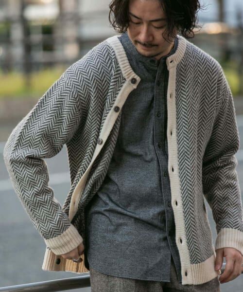 ＊＊URBAN RESEARCH ROSSO / アーバンリサーチ ロッソ カーディガン・ボレロ | 『XLサイズあり』ヘリンボーン柄クルーニットカーディガン（IVORY）