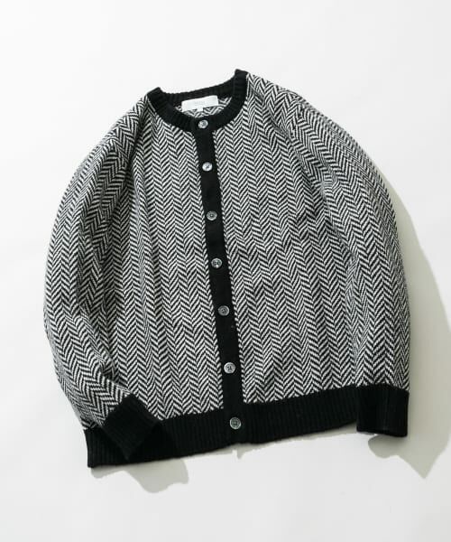 ＊＊URBAN RESEARCH ROSSO / アーバンリサーチ ロッソ カーディガン・ボレロ | 『XLサイズあり』ヘリンボーン柄クルーニットカーディガン（BLACK）