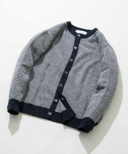 ＊＊URBAN RESEARCH ROSSO / アーバンリサーチ ロッソ カーディガン・ボレロ | 『XLサイズあり』ヘリンボーン柄クルーニットカーディガン（NAVY）