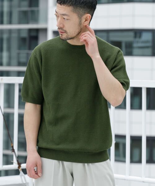 ＊＊URBAN RESEARCH ROSSO / アーバンリサーチ ロッソ ニット・セーター | 『WEB限定』変形カノコ半袖クルーネックニット（KHAKI）