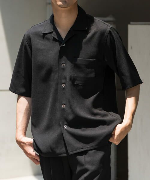＊＊URBAN RESEARCH ROSSO / アーバンリサーチ ロッソ シャツ・ブラウス | 『WEB限定』『セットアップ対応』パナマ風オープンカラー半袖シャツ（BLACK）