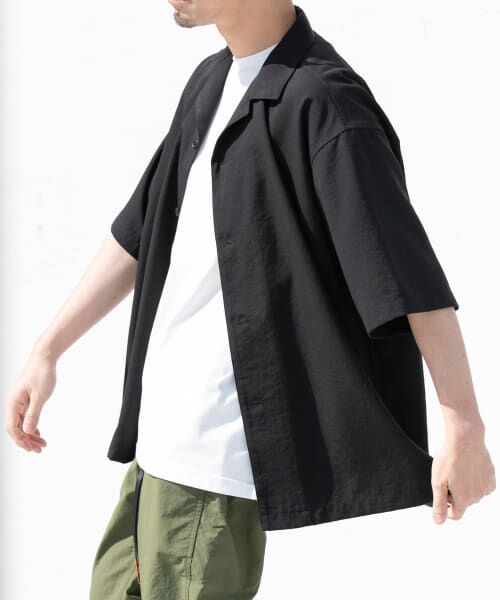 ＊＊URBAN RESEARCH ROSSO / アーバンリサーチ ロッソ シャツ・ブラウス | 『WEB限定』『セットアップ対応/XLサイズあり』リネンライクオープンカラー半袖オーバーシャツ（BLACK）