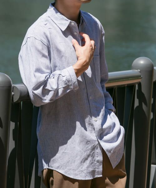 ＊＊URBAN RESEARCH ROSSO / アーバンリサーチ ロッソ シャツ・ブラウス | 『XLサイズあり』リラックスコットンリネン7分袖シャツ（BLU STRIPE）