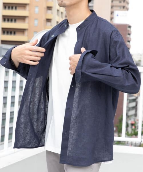 ＊＊URBAN RESEARCH ROSSO / アーバンリサーチ ロッソ シャツ・ブラウス | 『WEB限定』『XLサイズあり』リラックスコットンリネンバンドカラー長袖シャツ（NAVY）