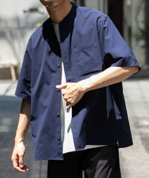 ＊＊URBAN RESEARCH ROSSO / アーバンリサーチ ロッソ シャツ・ブラウス | 『XLサイズあり』マイクロサッカーバンドカラー半袖シャツ（NAVY）