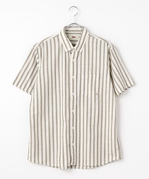VAN / ヴァン シャツ・ブラウス | ショートBDシャツ<パナマ織り><ストライプ>(オフホワイト×カーキ)