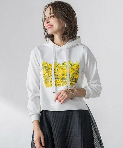 Viaggio Blu / ビアッジョブルー カットソー | ミモザプリントダンボールパーカー≪洗濯機で洗える≫（ホワイト）