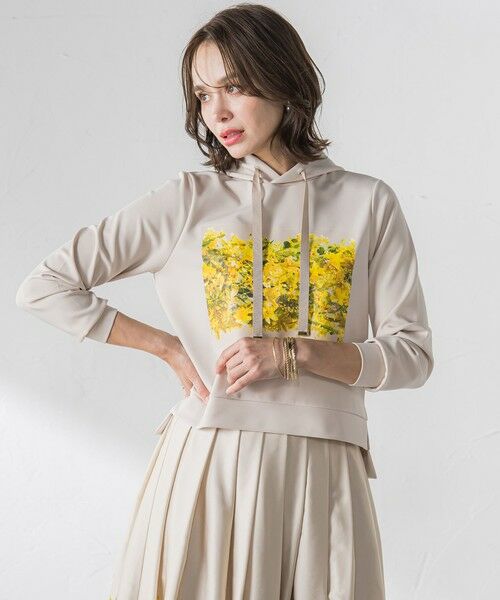 Viaggio Blu / ビアッジョブルー カットソー | ミモザプリントダンボールパーカー≪洗濯機で洗える≫（ベージュ）