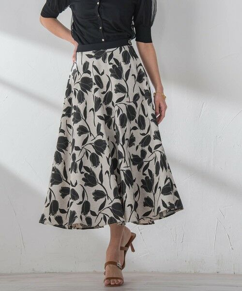 Viaggio Blu / ビアッジョブルー ミニ・ひざ丈スカート | リネンライクチューリッププリントスカート≪洗濯機で洗える≫（ベージュ）