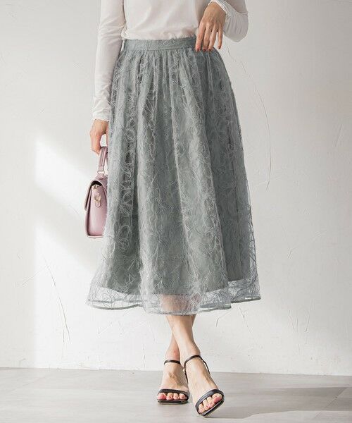 Viaggio Blu/ビアッジョブルー フェザーフラワースカート≪洗濯機で洗える≫ ライトグレー M Viaggio Blu/ビアッジョブルー フェザーフラワースカート≪洗濯機で洗える≫ ライトグレー M