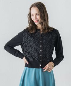 Viaggio Blu / ビアッジョブルー ニット・セーター | チュールテープフラワードッキングカーディガン≪手洗い可能≫