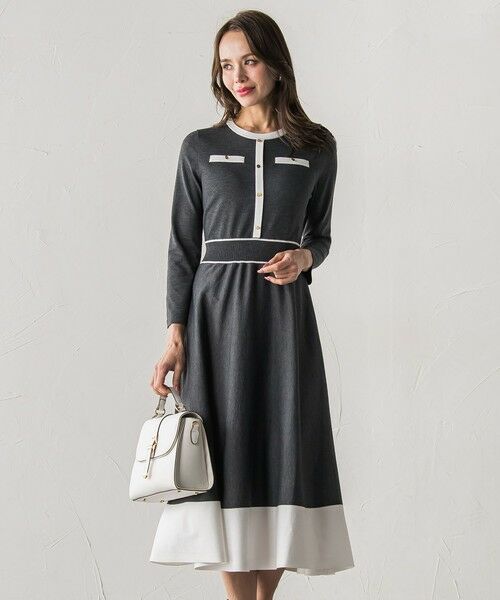 Viaggio Blu / ビアッジョブルー ロング・マキシ丈ワンピース | バイカラーニットワンピース（ライトグレー）