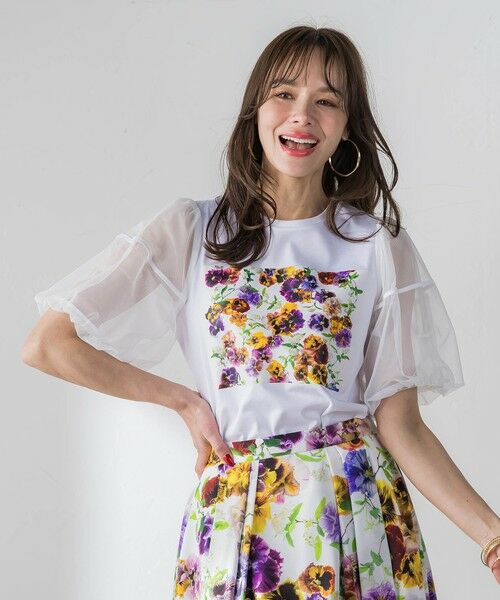 Viaggio Blu / ビアッジョブルー カットソー | 【KEITA KAWASAKI × Viaggio Bluコラボ】袖チュールプリントTシャツ（ホワイト系その他）