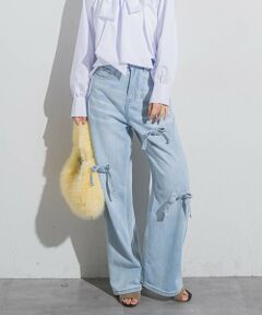 再入荷【韓国で大人気】リボンデニムワイドパンツ≪洗濯機で洗える≫