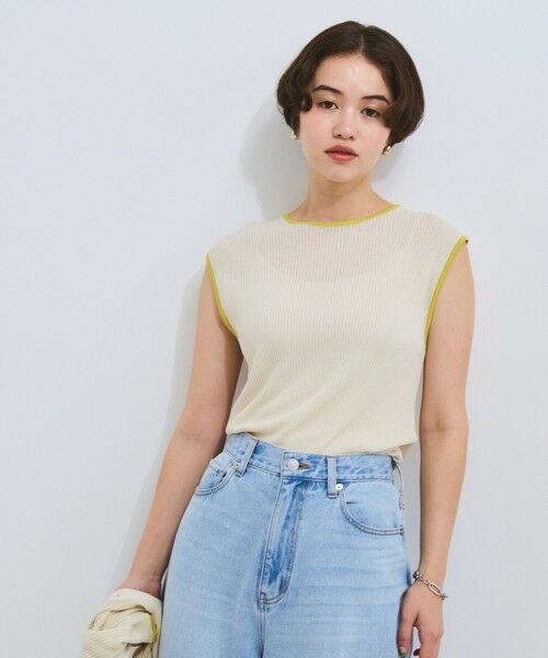 VICKY/ビッキー 麻タッチ配色ニットノースリトップス≪手洗い可能≫ オフホワイト M VICKY/ビッキー 麻タッチ配色ニットノースリトップス≪手洗い可能≫ オフホワイト M