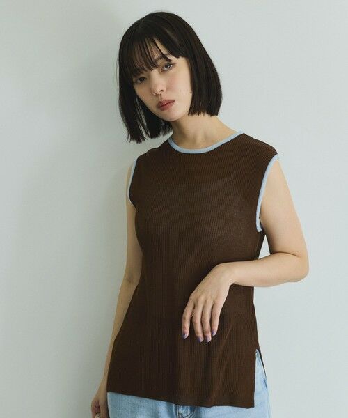 VICKY/ビッキー 麻タッチ配色ニットノースリトップス≪手洗い可能≫ ブラウン M VICKY/ビッキー 麻タッチ配色ニットノースリトップス≪手洗い可能≫ ブラウン M
