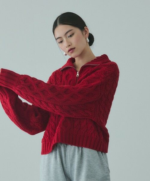 VICKY / ビッキー ニット・セーター | バルキーケーブルハーフジップニット≪手洗い可能≫（レッド）