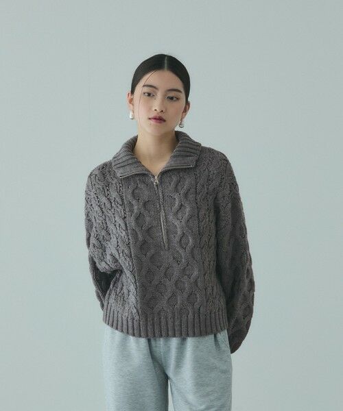 VICKY / ビッキー ニット・セーター | バルキーケーブルハーフジップニット≪手洗い可能≫（ダークグレー）
