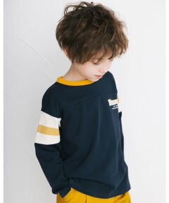 ライン×ロゴ 配色 切り替え レトロ ビッグ Tシャツ (100~160cm)