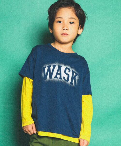 WASK / ワスク Tシャツ | ロゴプリントデニムポケットリバーシブルTシャツ(100~160cm)（ネイビー系）