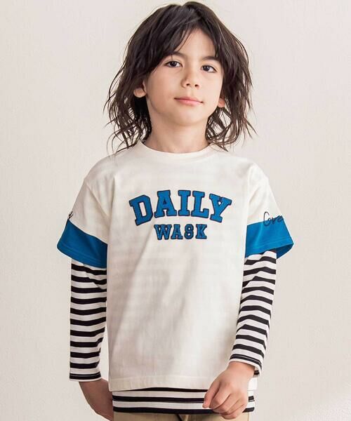 WASK/ワスク ロゴパッチTシャツ+ボーダーロンT セット(100~160cm) オフホワイト 140cm WASK/ワスク ロゴパッチTシャツ+ボーダーロンT セット(100~160cm) オフホワイト 140cm