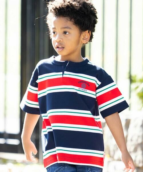 WASK/ワスク ヘンリーネックカノコマルチボーダーTシャツ(110~160cm) ネイビー系 140cm WASK/ワスク ヘンリーネックカノコマルチボーダーTシャツ(110~160cm) ネイビー系 140cm