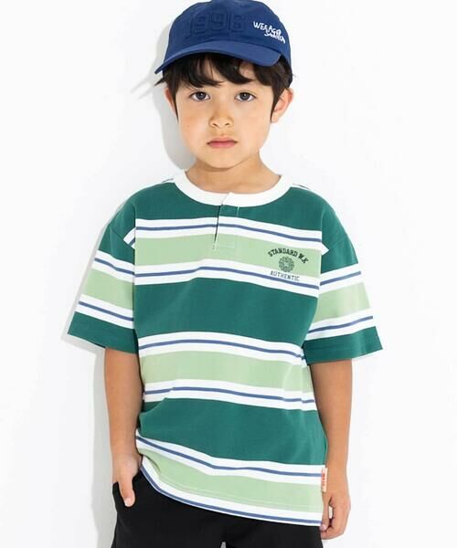 WASK/ワスク ヘンリーネックカノコマルチボーダーTシャツ(110~160cm) グリーン系 120cm WASK/ワスク ヘンリーネックカノコマルチボーダーTシャツ(110~160cm) グリーン系 120cm