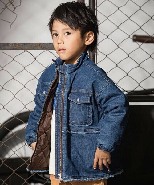 WASK / ワスク ノーカラージャケット | フリンジストレッチデニム中綿キルトジャケット(110~160cm)(ネイビー)