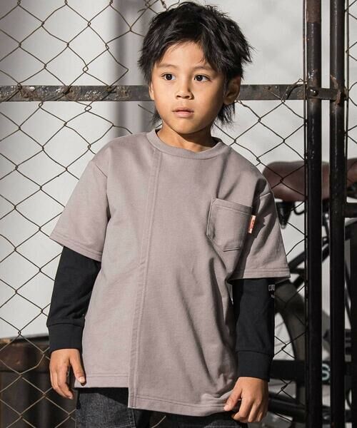 WASK / ワスク Tシャツ | アシンメトリー重ね着風BIGミニ裏毛＆ロングTシャツセット(110~160cm)（グレー）